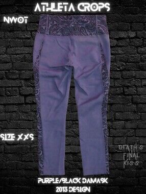 🆕 HTF Athleta Purple Black Damask Print Cropped Leggings Roller Derby Lifting